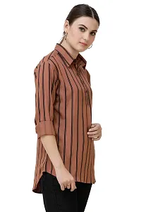 DECHEN Women's Striped Full Sleeves Shirt Collar Brown Kurta-thumb1