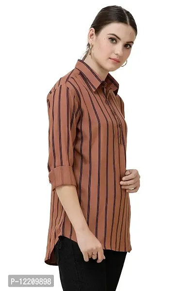 DECHEN Women's Striped Full Sleeves Shirt Collar Brown Kurta-thumb2