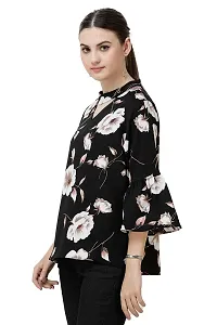 DECHEN Women's Floral Print Ruffled Sleeves V-Neck Black Casual Top-thumb2