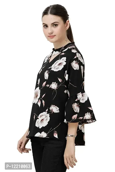 DECHEN Women's Floral Print Ruffled Sleeves V-Neck Black Casual Top-thumb3