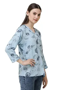 DECHEN Women's Floral Print 3/4 Sleeves V-Neck Light Blue Kurta-thumb1