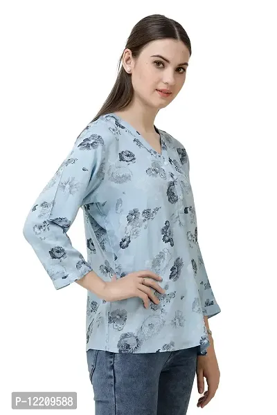 DECHEN Women's Floral Print 3/4 Sleeves V-Neck Light Blue Kurta-thumb2