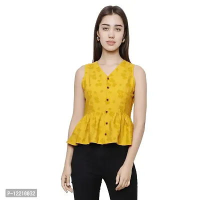 DECHEN Women's Floral Print Sleeveless V-Neck Yellow Peplum Top