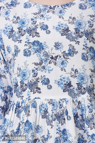 DECHEN Women's Floral Print Bell Sleeves Round Neck Blue Peplum Top-thumb5