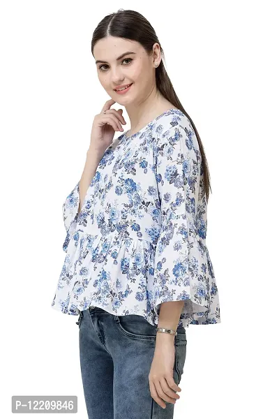 DECHEN Women's Floral Print Bell Sleeves Round Neck Blue Peplum Top-thumb3