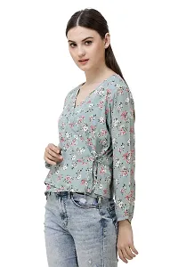 DECHEN Women's Floral Print Bishop Sleeves V-Neck Grey Wrap Top-thumb2