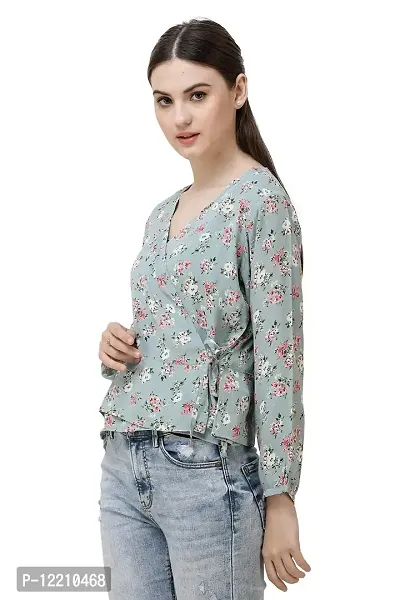 DECHEN Women's Floral Print Bishop Sleeves V-Neck Grey Wrap Top-thumb3