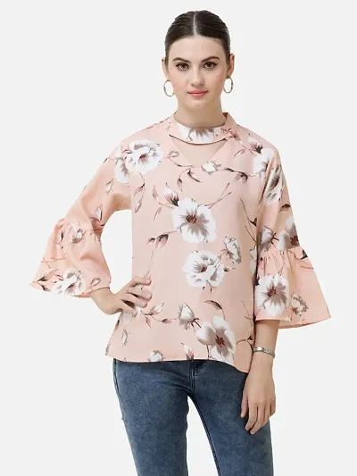 Women Floral Print Ruffled Sleeves V-Neck Casual Top