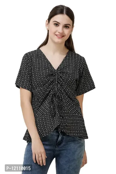 Women Striped V-Neck Black Top-thumb0