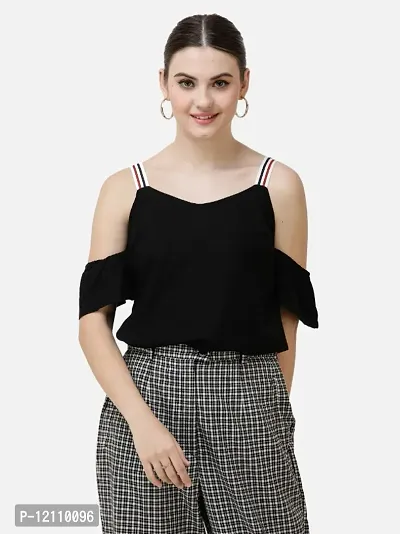 Women Solid Cold Shoulder Black Top-thumb0