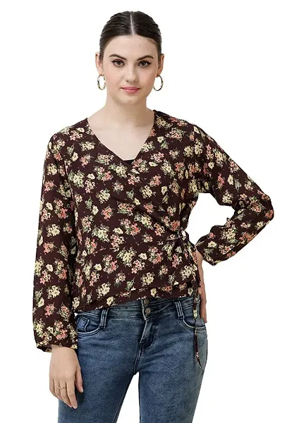 Women Floral Print Bishop Sleeves V-Neck Dark Wrap Top