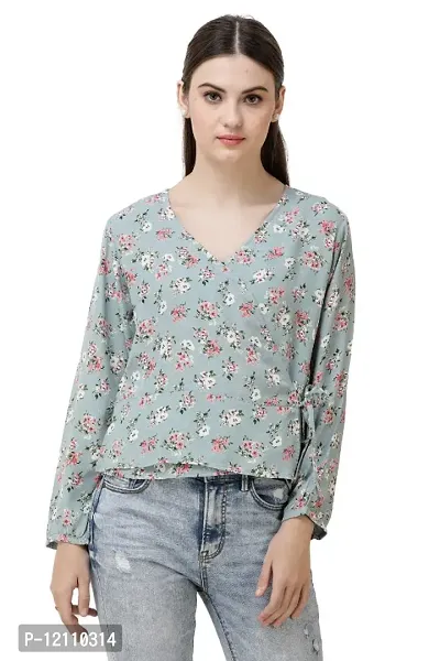 Women Floral Print Bishop Sleeves V-Neck Turquioise Wrap Top-thumb0