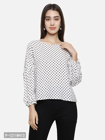 Women Polka Print Full Sleeves Round Neck White Top-thumb0