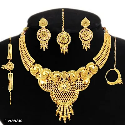 SDR New Design Golden Necklace With Earrings Maangtika  Nosepin And Bracelate  Jewellery Set