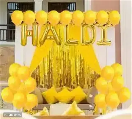 Stylish Memorable Moment Solid Haldi Foil With 30 Yellow Balloon And 2 Gold Curtain Decoration Item (Pack Of 37 Pcs)-thumb0