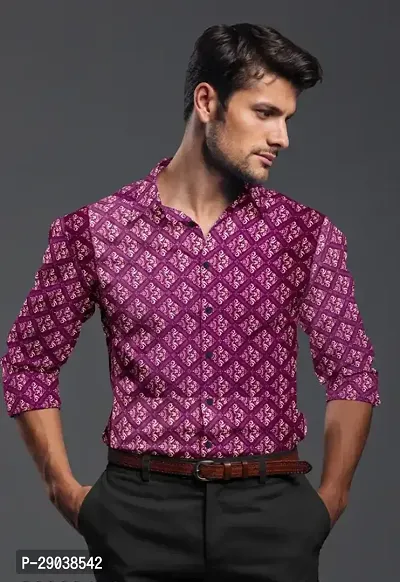 Reliable Magenta Cotton Printed Long Sleeves Casual Shirts For Men-thumb0