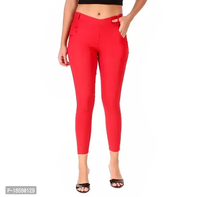 Stylish Red Cotton Blend Solid Jeggings For Women-thumb0