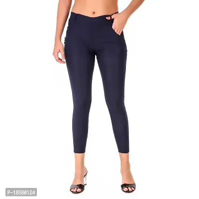 Stylish Navy Blue Cotton Blend Solid Jeggings For Women