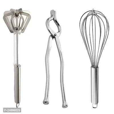 IDEAL PRIME Stainless Steel Mathani/Power Free Hand Blender Kitchen Utensil Balloon Shape Wire Whisk And Cooking Tong Pakkad Chimta Cooking Turner Kitchen Tool Set Pack Of 3