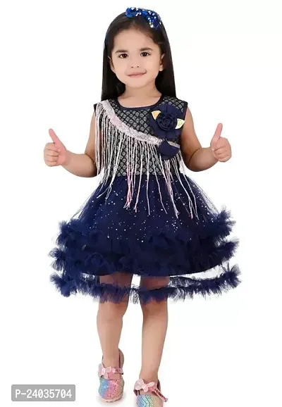 Fabulous Navy Blue Net Self Pattern Frocks For Girls