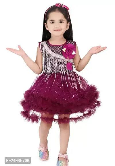 Fabulous Maroon Net Self Pattern Frocks For Girls