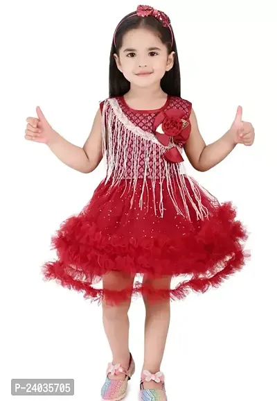 Fabulous Red Net Self Pattern Frocks For Girls