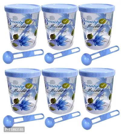 Neelu Beautiful Flower Print Plastic Round Shape Storage Jar and Container with Spoon Grocery Airtight Kitchen Containers| Air Tight |Kitchen Organiser | BPA Free(Pack of 6,750 ml Each,Blue)