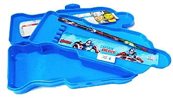School Mate Captain America Shape Double layer Plastic Pencil Box for kid with free Pencil  Eraser and Scale Etc ( Blue)-thumb2