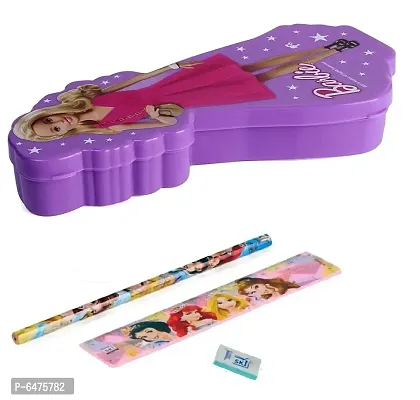 School Mate Barbie Shape Double layer Plastic Pencil Box for kid with free Pencil  Eraser and Scale Etc (Pink)-thumb3