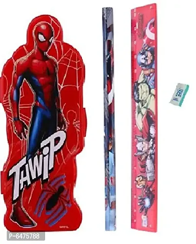 School Mate Spider Man Shape Double layer Plastic Pencil Box for kid with free Pencil  Eraser and Scale Etc ( Blue)-thumb0