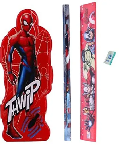 School Mate Spider Man Shape Double layer Plastic Pencil Box for kid with free Pencil  Eraser and Scale Etc ( Blue)