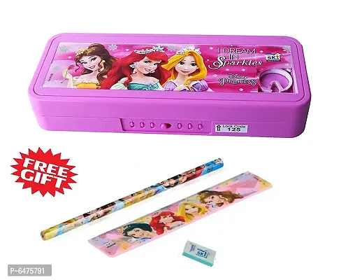 School Mate Puzzle Game Password Protected Barbie Princess Plastic Pencil Box for Kids with free Pencil  Eraser and Scale Etc-thumb2