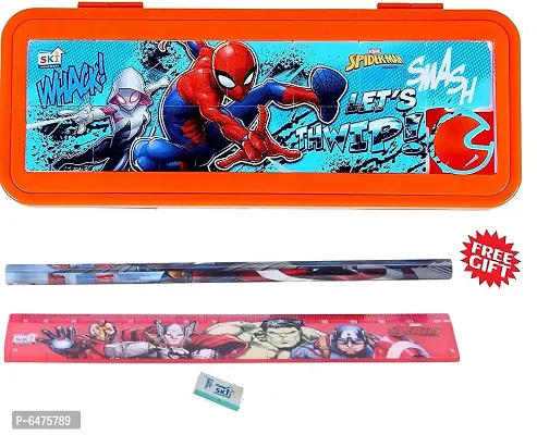 School Mate Puzzle Game Password Protected Spider Man Plastic Pencil Box for Kids with free Pencil  Eraser and Scale Etc-thumb2