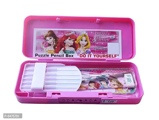 School Mate Puzzle Game Password Protected Barbie Princess Plastic Pencil Box for Kids with free Pencil  Eraser and Scale Etc-thumb4