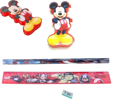 School Mate Micky Mouse Shape Double layer Plastic Pencil Box for kid with free Pencil  Eraser and Scale Etc (Red  Blue)