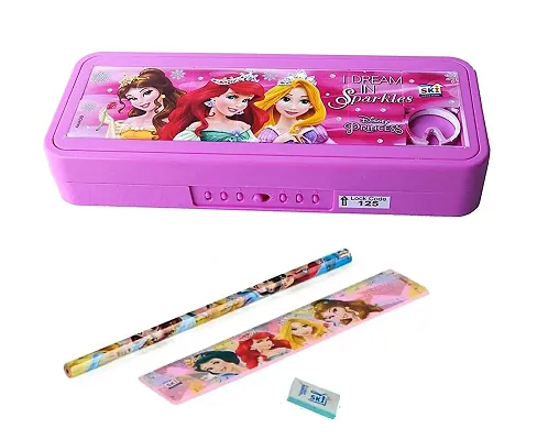School Mate Puzzle Game Password Protected Barbie Princess Plastic Pencil Box for Kids with free Pencil  Eraser and Scale Etc