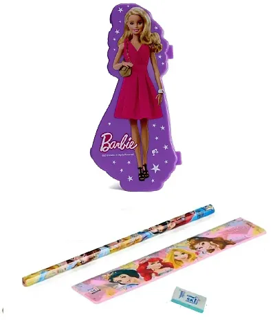 School Mate Barbie Shape Double layer Plastic Pencil Box for kid with free Pencil  Eraser and Scale Etc (Pink)