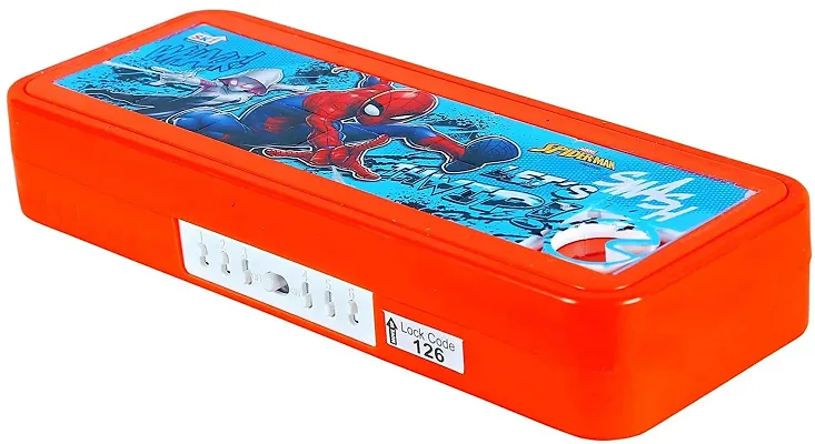 School Mate Puzzle Game Password Protected Spider Man Plastic Pencil Box for Kids with free Pencil  Eraser and Scale Etc