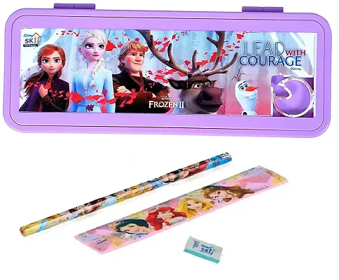 School Mate Puzzle Game Password Protected Barbie Frozen Plastic Pencil Box for Kids with free Pencil  Eraser and Scale Etc