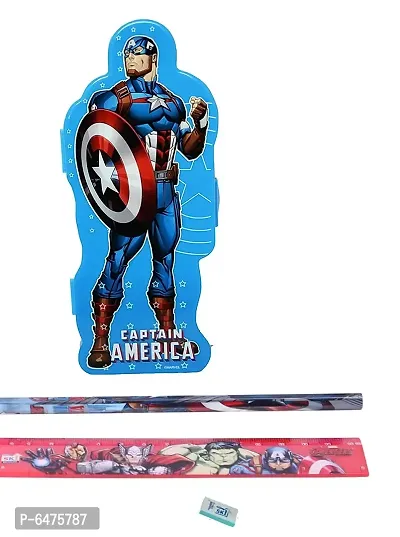 School Mate Captain America Shape Double layer Plastic Pencil Box for kid with free Pencil  Eraser and Scale Etc ( Blue)-thumb0