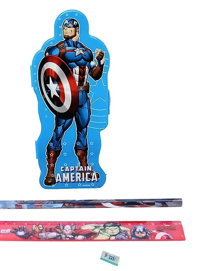 School Mate Captain America Shape Double layer Plastic Pencil Box for kid with free Pencil  Eraser and Scale Etc ( Blue)