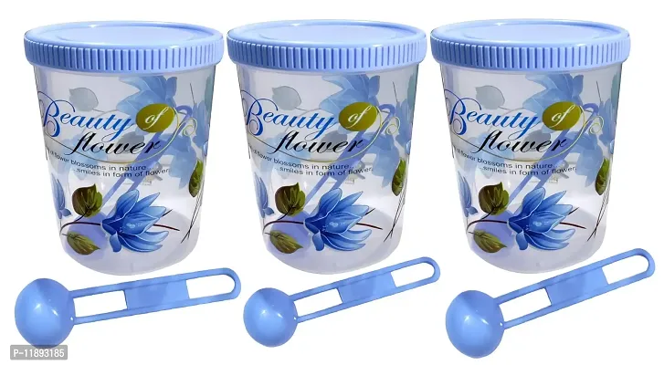 Neelu Beautiful Flower Print Plastic Round Shape Storage Jar and Container with Spoon Grocery Airtight Kitchen Containers| Air Tight |Kitchen Organiser | BPA Free(Pack of 6,750 ml Each,Blue)-thumb3