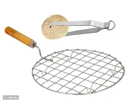 Neelu Round Steel Roaster Papad Jali,Pizza, with Wooden Handle & Stainless Steel Tong-Roti Chapati Chimta: 9 Inch [1 Pcs Chapati Grill Round Roster+1 Pcs Stainless Steel Tong]-thumb0