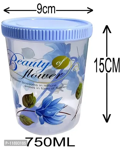 Neelu Beautiful Flower Print Plastic Round Shape Storage Jar and Container with Spoon Grocery Airtight Kitchen Containers| Air Tight |Kitchen Organiser | BPA Free(Pack of 6,750 ml Each,Blue)-thumb2