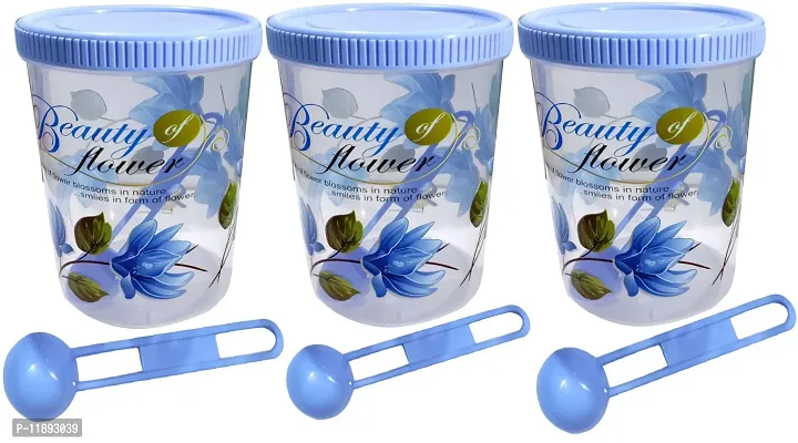 Neelu Beautiful Flower Print Plastic Round Shape Storage Jar and Container with Spoon Grocery Airtight Kitchen Containers| Air Tight |Kitchen Organiser | BPA Free(Pack of 6,1000 ml Each,Blue,Pink)-thumb2