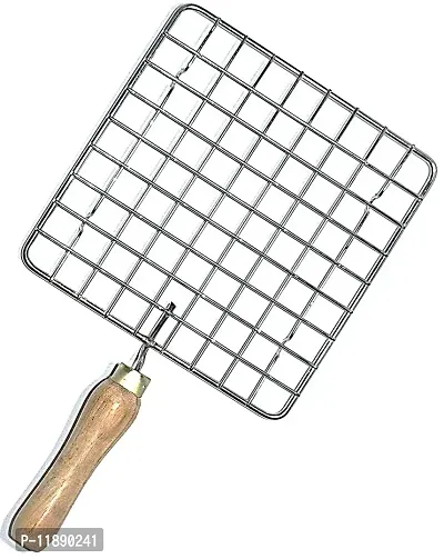 Neelu Square Steel Roaster Papad Jali,Pizza, with Wooden Handle & Stainless Steel Tong-Roti Chapati Chimta [1 Pcs Chapati Grill Square Roster+1 Pcs Stainless Steel Tong]-thumb3