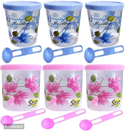 Neelu Beautiful Flower Print Plastic Round Shape Storage Jar and Container with Spoon Grocery Airtight Kitchen Containers| Air Tight |Kitchen Organiser | BPA Free(Pack of 6,1000 ml Each,Blue,Pink)-thumb0