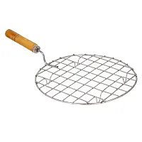 Neelu Round Steel Roaster Papad Jali,Pizza, with Wooden Handle & Stainless Steel Tong-Roti Chapati Chimta: 9 Inch [1 Pcs Chapati Grill Round Roster+1 Pcs Stainless Steel Tong]-thumb1