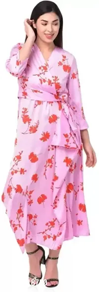 Trendy Satin Floral Print V Neck 3/4 Sleeves Dress For Women-thumb0