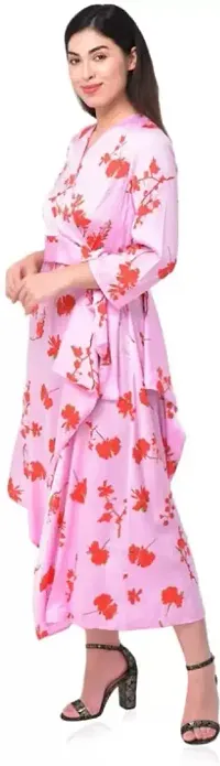 Trendy Satin Floral Print V Neck 3/4 Sleeves Dress For Women-thumb1